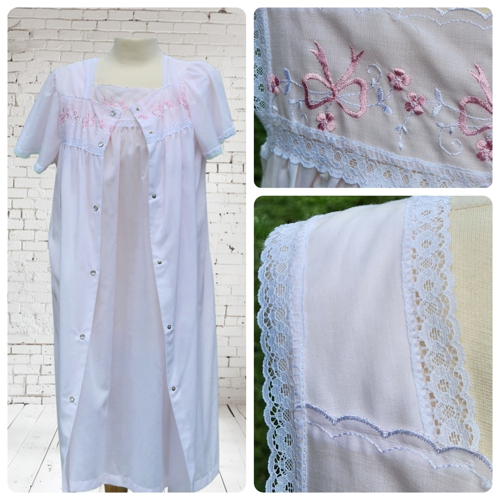 Vtg Damea Nightgown Robe Set Womens Small Pink Embroidered cottagecore Valentine